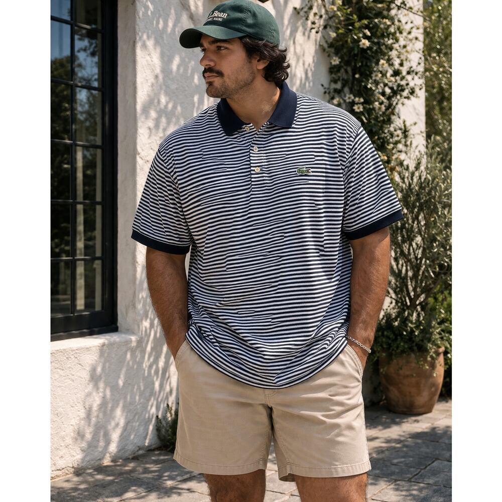 Lacoste Navy White Striped Polo Shirt Crocodile Logo Short Sleeve Mens 8
